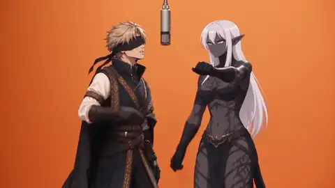 Hotel Lobby AI video of an anime swordsman and a dark elf warrior