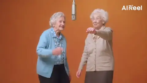 Hotel Lobby AI video of two grandmas taking over the orange booth